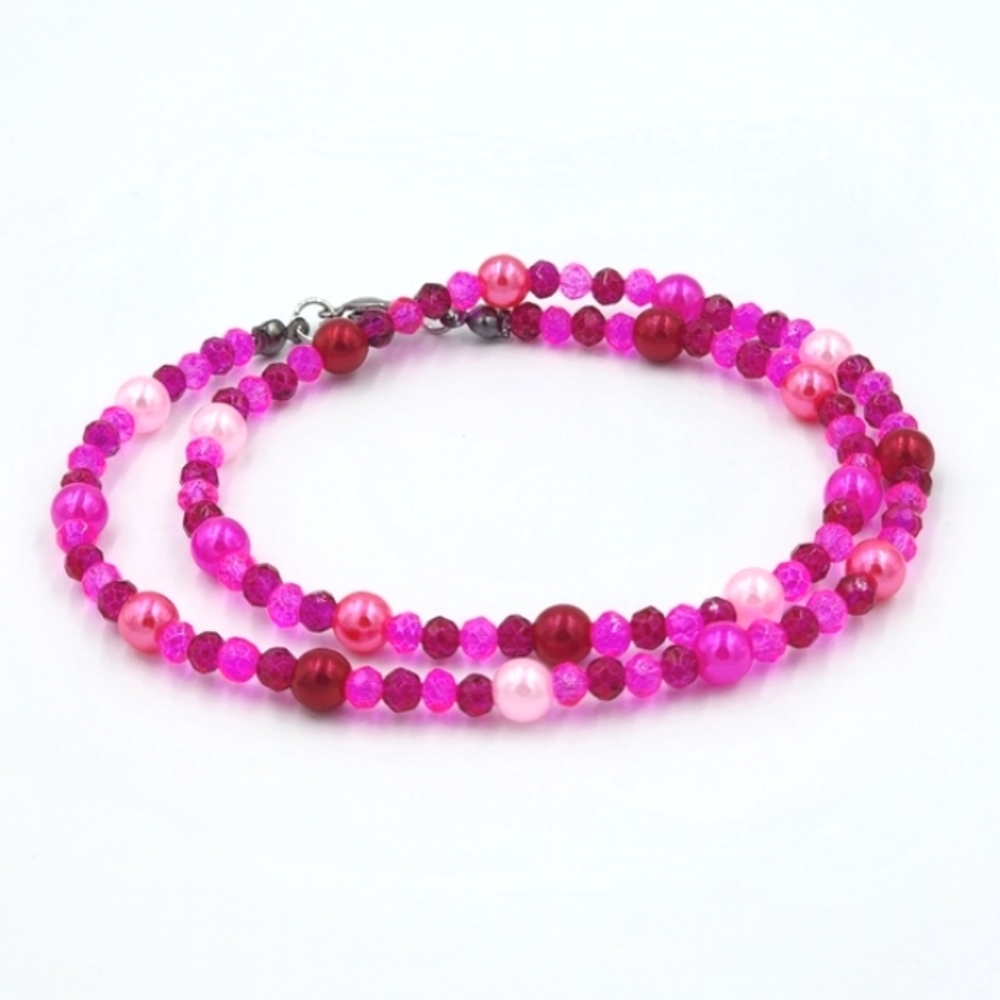 Pink Crystals & Pink and Red Pearls Beaded Choker Necklace Handmade